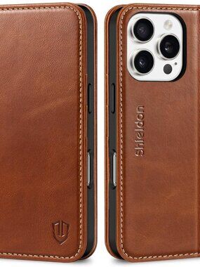 SHIELDON Wallet Case for iPhone 16 Pro 6.3" 2024, Genuine Leather Folio